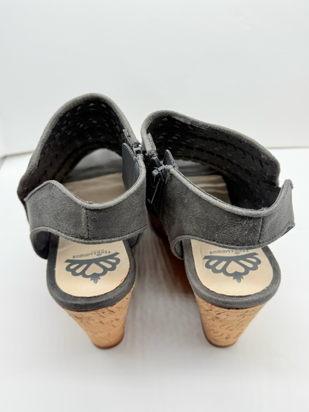 Fergalicious Gray Perforated Suede Cork Wedge Sandals - Picture 10 of 12